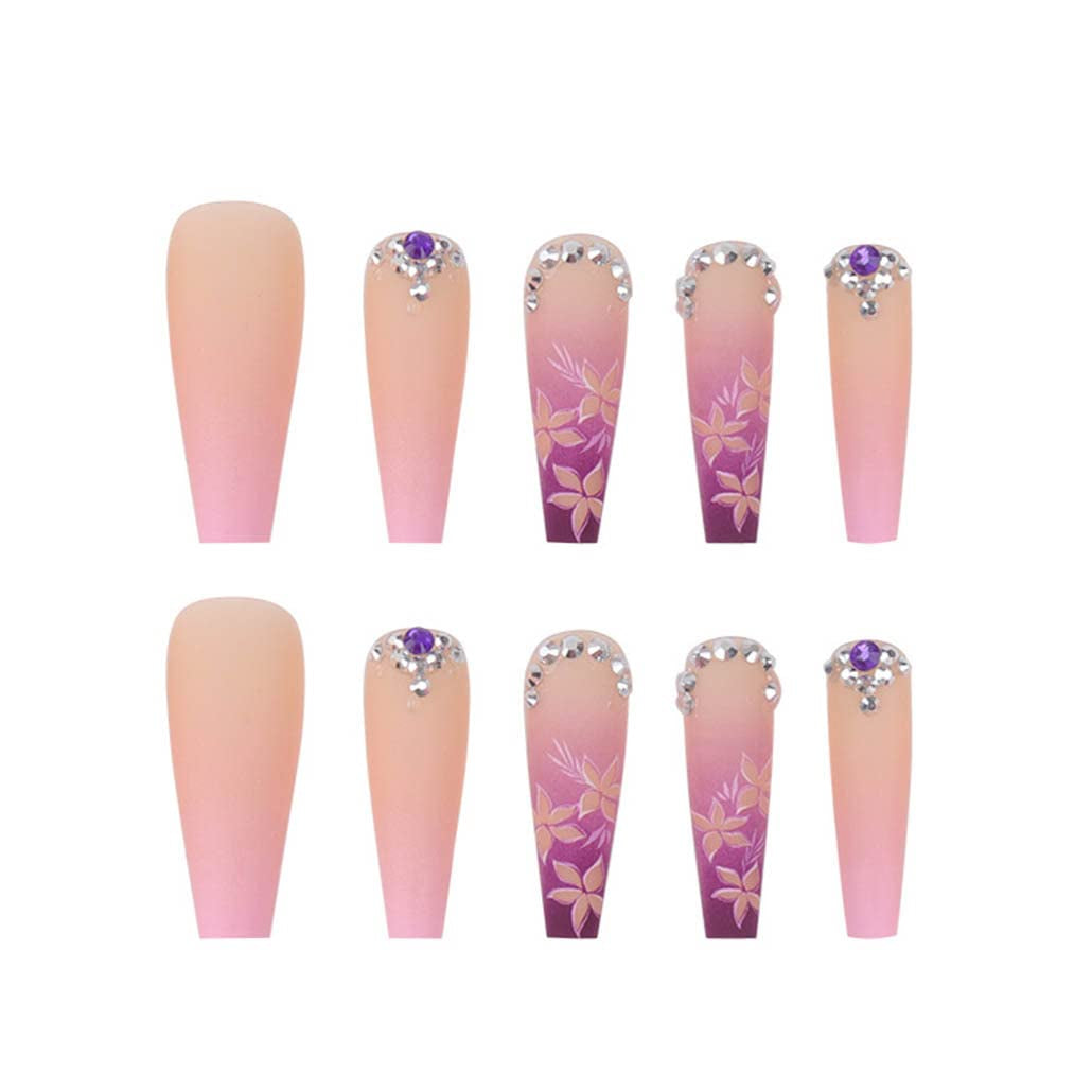 Artificail Extra Long Press on Nails, Rhinestone Pink Fake Nails with Glitter Acrylic Full Cover Fake Nails with Design Nail Tips for Women&Girls, 24PCS