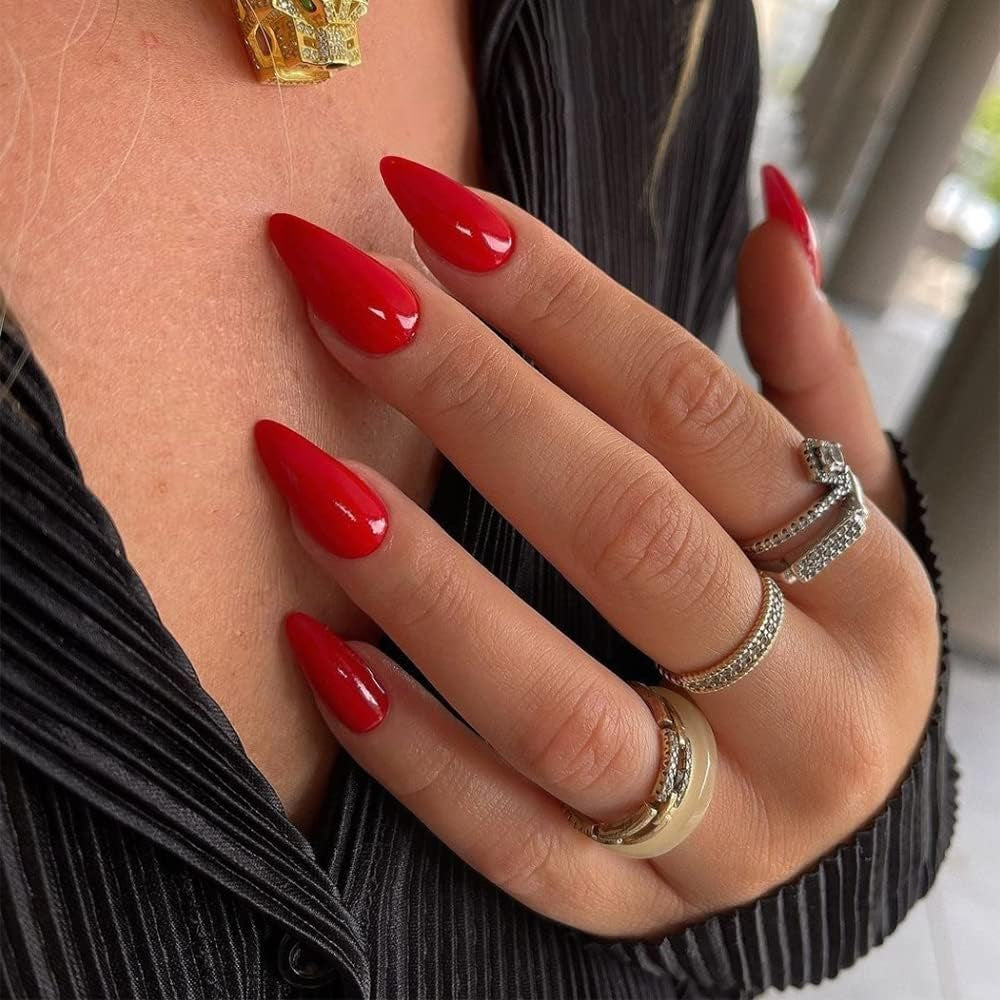 Orange Red Press on Nails Almond Shaped Medium Almond Nails Press on Neutral Acrylic Nails Reusable Fake Nails for Women Girls, Glue on Nails Medium Length Stiletto False Nails Gel Artificial Nails