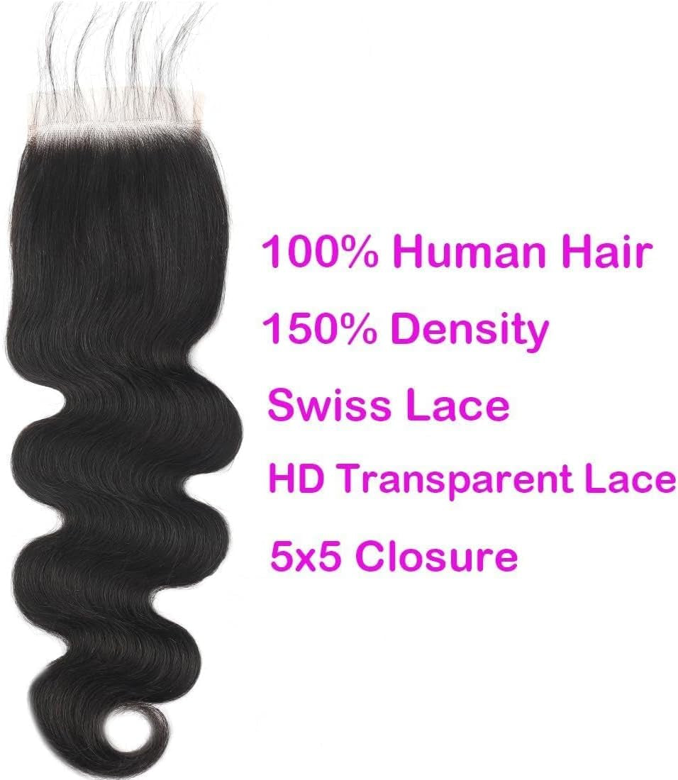 5X5 Transparent HD Lace Closure Body Wave Human Hair Lace Closure Invisible Closure 12A Brazilian Virgin Human Hair Closure Free Part 5X5 100% Real Human Hair Closure Pre Plucked Natural Black 22 Inch