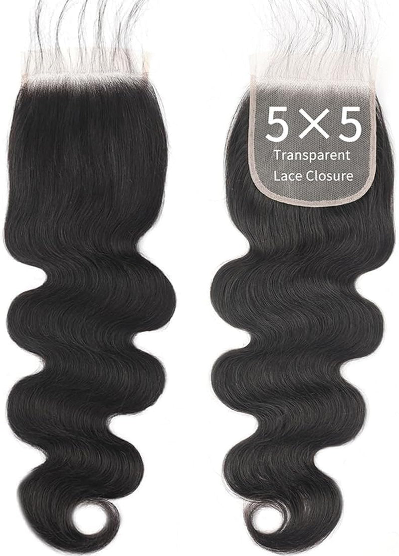 5X5 Transparent HD Lace Closure Body Wave Human Hair Lace Closure Invisible Closure 12A Brazilian Virgin Human Hair Closure Free Part 5X5 100% Real Human Hair Closure Pre Plucked Natural Black 22 Inch